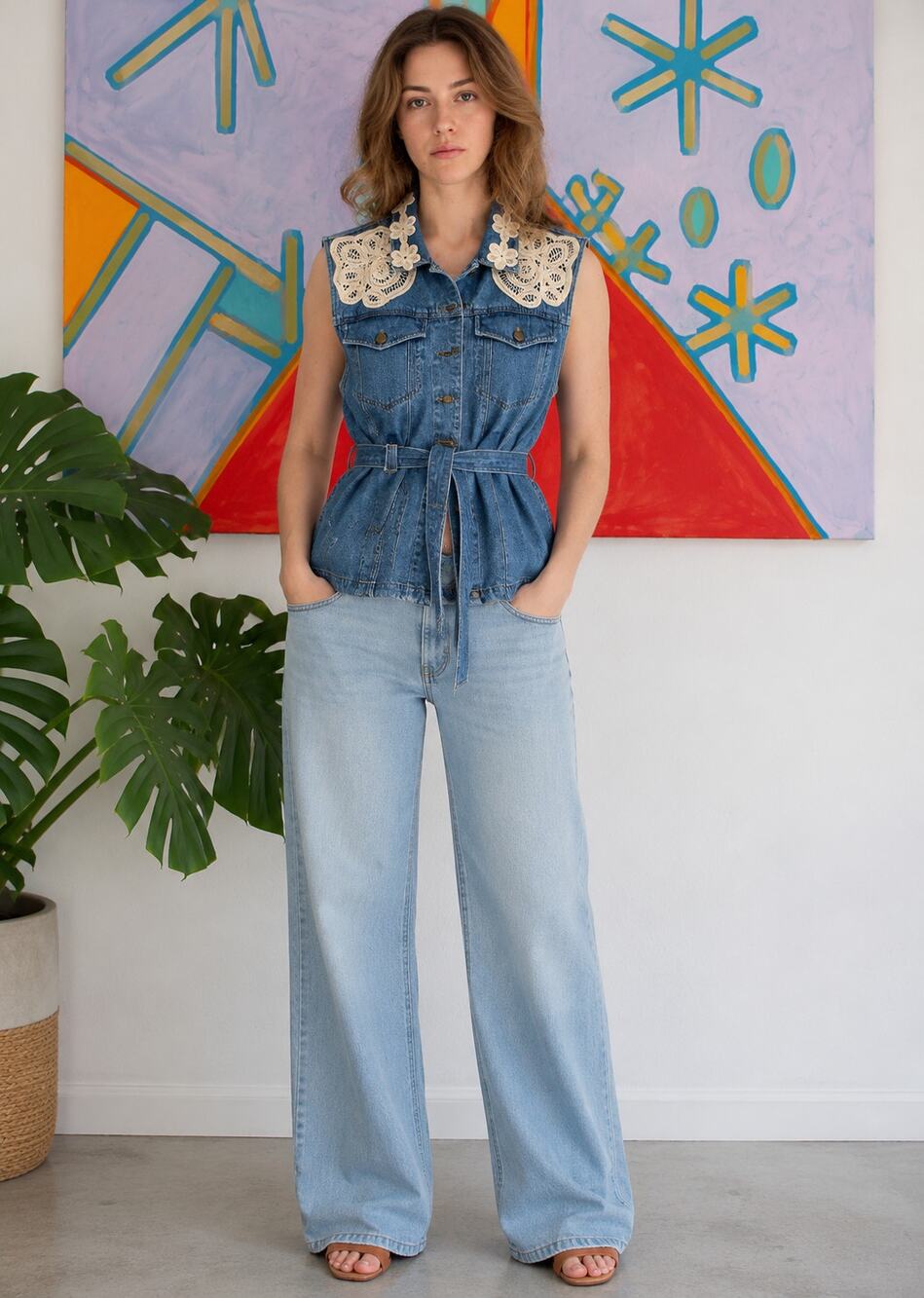 Vintage Denim Vest M Lace Crochet Belted Boho Cottagecore Jean Jacket Western